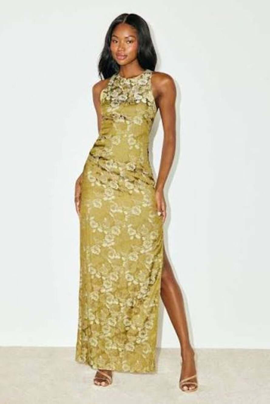 LULU'S Lamila Chartreuse Floral Satin Column Maxi Dress Slip Dress Small S NWT